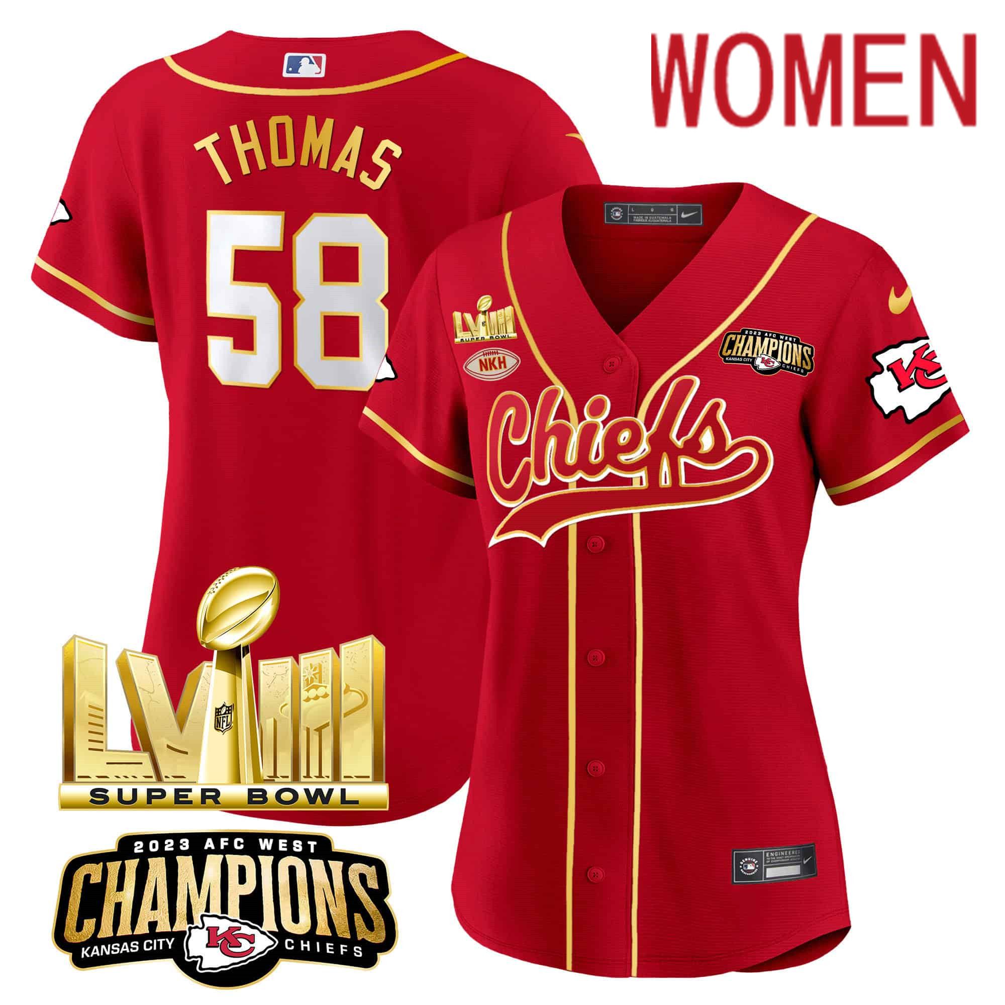 Women Kansas City Chiefs 58 Thomas Red 2024 Nike Super Bowl LVIII Back 2 Back Gold Patch Baseball NFL Jersey